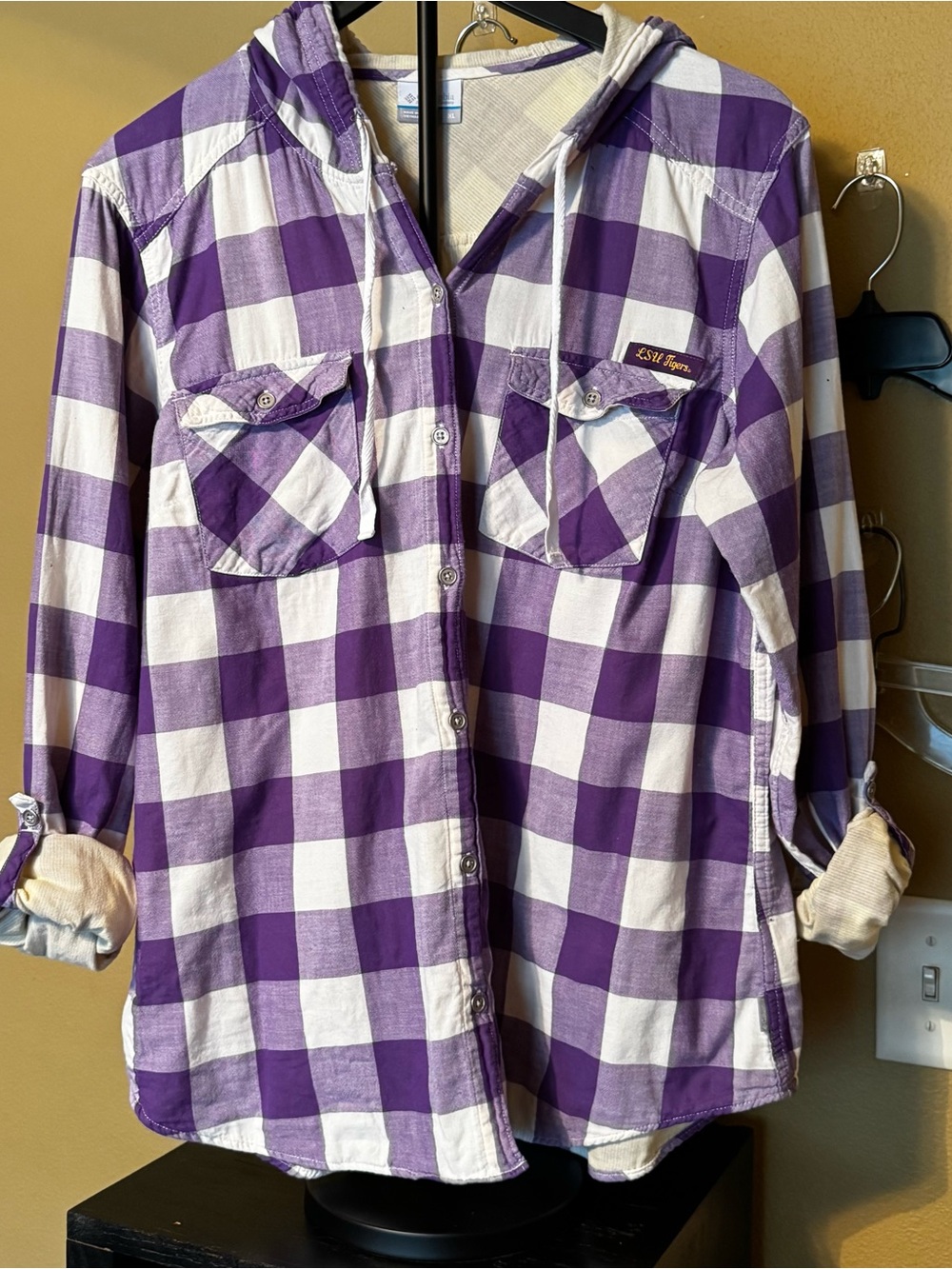 Columbia LSU Tigers Women’s XL Purple Plaid Hooded Flannel Shirt Roll Tab - Picture 8 of 12